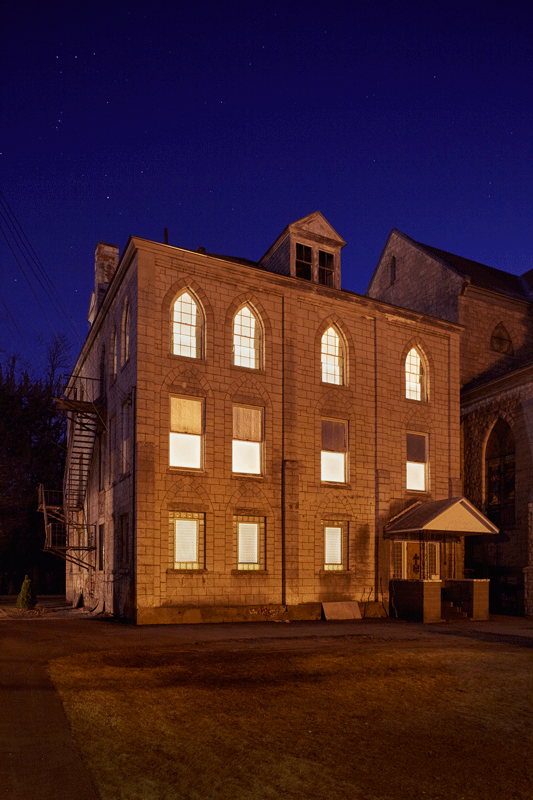 A former convent in Schenectady was lit in March 2016 as part of the beta test for the Breathing Lights art installation. (Photo credit: Hyers + Mebane)